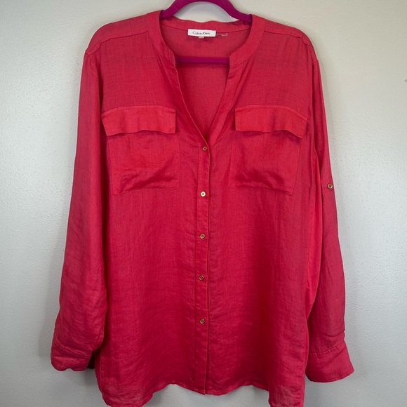 Calvin Klein XL/0X Women's Linen Vibrant Pink Coral Blouse Spring summer casual - Picture 2 of 11